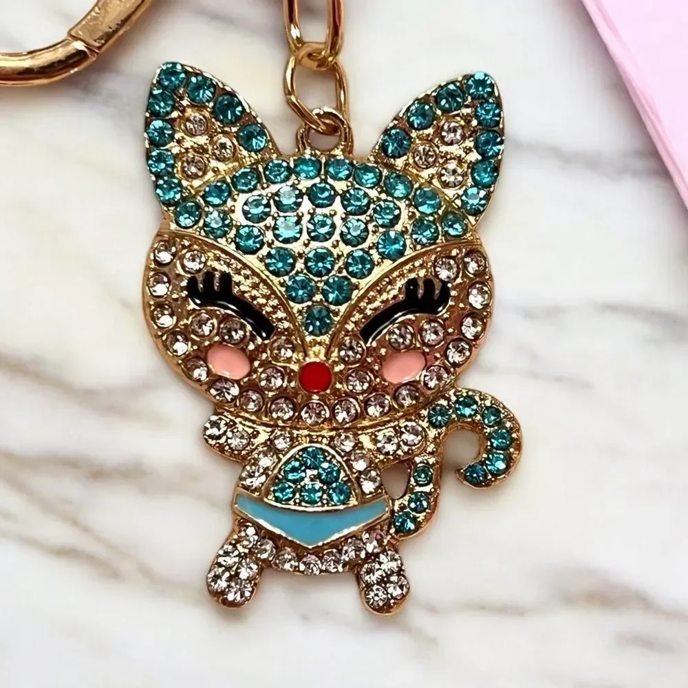 Blue Rhinestone Cat Gold Tone Key Chain Bag Charm NWT